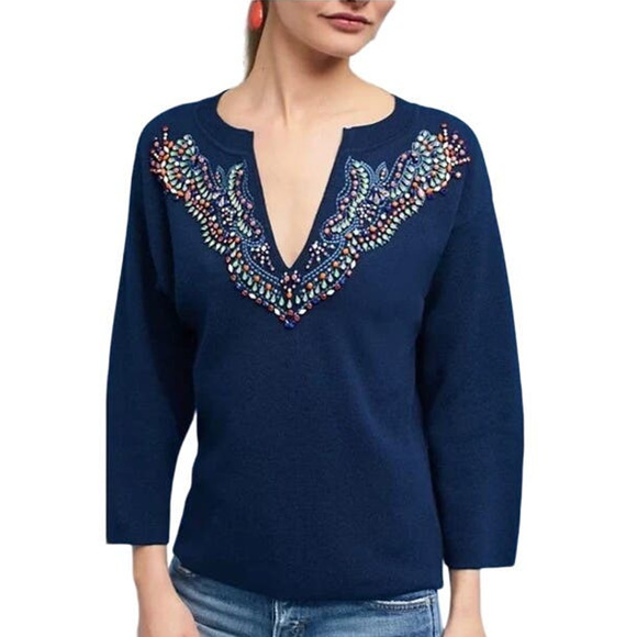Anthropologie Moth Beaded Split-Neck Pullover Sweater Top Navy Blue Medium - Picture 1 of 8